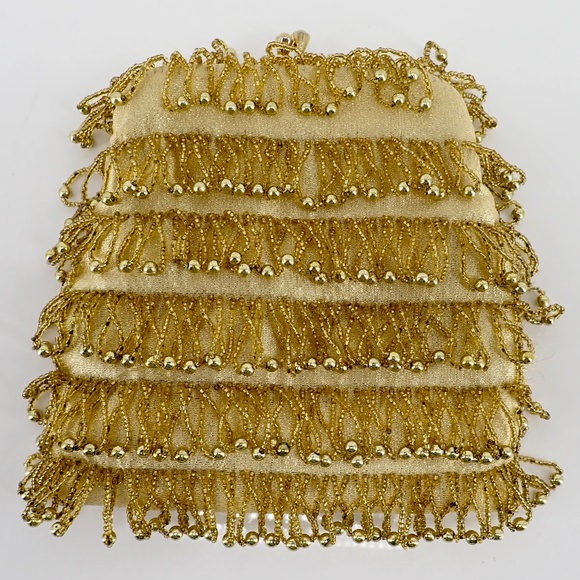 Metallic Gold Lame Mod Walborg Beaded Fringe MCM Evening Clutch Bag Vtg 60's Era
